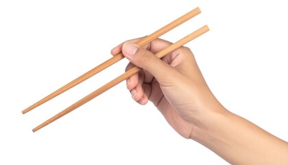 Hand Holding Wooden Chopsticks Ready to Eat Asian Food.