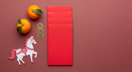 Chinese New Year Celebration with Horse Flat Lay of Tangerines and Red Envelopes Vibrant Festive Atmosphere