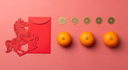 Celebrating Chinese New Year with a Horse Flat Lay Display of Oranges and Coins on Pink Background