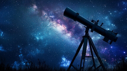 Telescope set up under a clear starry sky representing astronomy research and space exploration