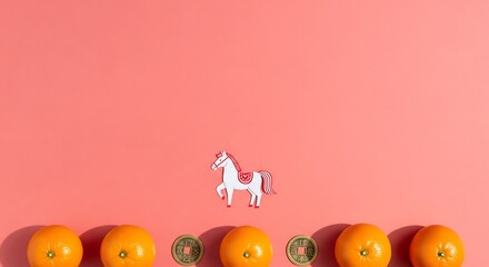 Celebrating Chinese New Year with a Flat Lay of Oranges and a Horse Figurine on Pink Background