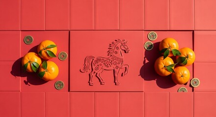 Chinese New Year Celebration with Horse Theme Flat Lay of Oranges and Coins Vibrant Red Background