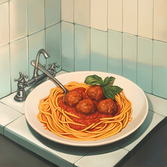 Cooking spaghetti and meatballs in a kitchen sink culinary art indoor close-up view food presentation