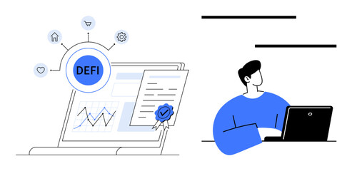 Laptop featuring a DeFi dashboard, certificate, growth chart, icons for decentralized networks. A person working on a laptop. Ideal for finance, blockchain, technology, innovation business