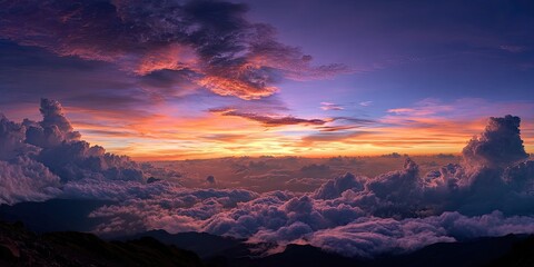 Mountain range peak overlooks a vibrant sunset with cottony clouds