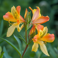 Blooming alstroemeria flowers in a garden nature photography vibrant green background close-up view