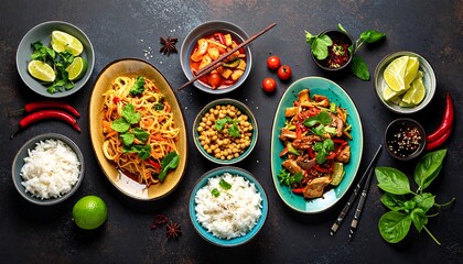 A Variety of Delicious Asian Dishes Served on a Dark Surface.