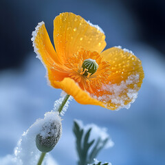 Winter blossom yellow flower surrounded by snow nature scene close-up photography bright colors