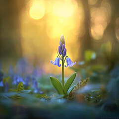 Blooming bluebell flower in enchanted forest at sunrise nature photography magical atmosphere close-up view
