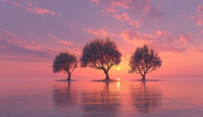Three trees stand in calm water at sunset, reflecting in the serene environment
