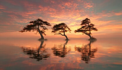 Three trees, silhouetted, reflected in calm water at sunset with colorful clouds