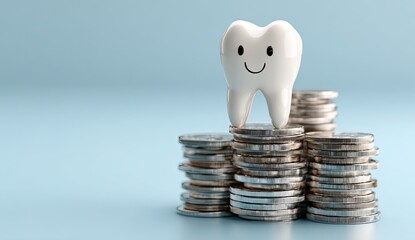 A smiling ceramic tooth sits atop stacks of coins against a light blue backdrop