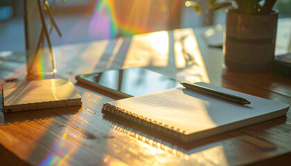 Workspace Serenity: A sun-drenched workspace, where the pen rests beside a spiral-bound notebook and a digital tablet, promising productive endeavor in a beautiful and inspiring light.