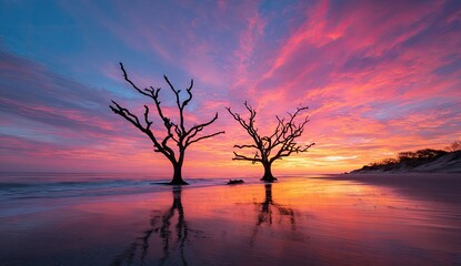Two skeletal trees stand on a beach at sunset, reflecting in the wet sand