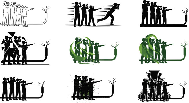 Black silhouette of industrial power transformers, transmission towers, suburban houses, and technical workers observing electrical infrastructure for high voltage distribution, vector.