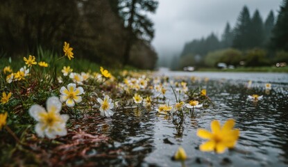 Low-angle shot of wildflowers in a puddle-filled road with blurred forest background