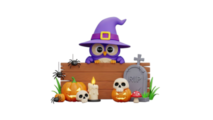 Cute Halloween Scene with Owl, Pumpkins, and Spiders