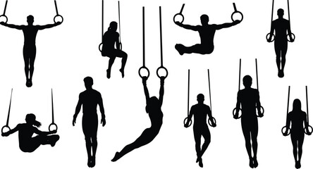 Gymnastic rings athletes silhouette collection showing strength training exercises male and female bodyweight workout poses isolated on white background vector