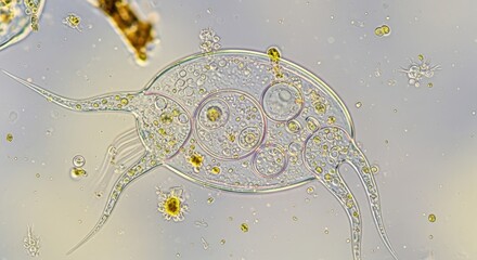 A microscopic view of a single-celled organism with a transparent body and numerous internal structures.