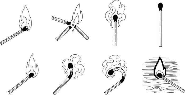 Vector Set of Matchstick Illustrations Featuring Lit Matches Burning Flames Broken Sticks Smoke and Concepts of Inspiration and Burnout