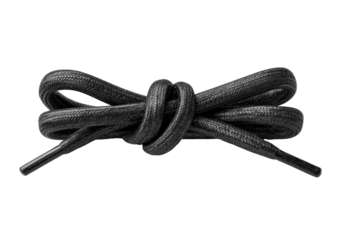 Dark shoelaces tied into a simple knot, against a black background