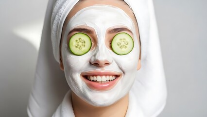 Young woman with white face mask and cucumber slices on eyes, smiling happily