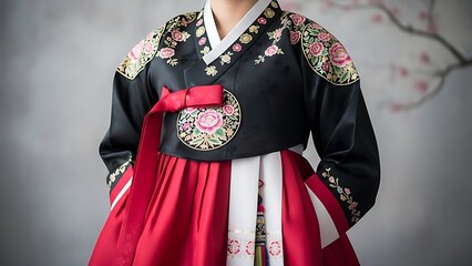 Elegant black hanbok with vibrant red skirt and intricate floral embroidery