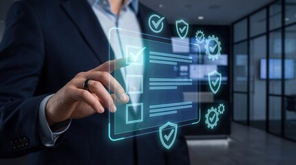 Business Professional Interacting With Digital Checklist Interface For Security And Compliance.