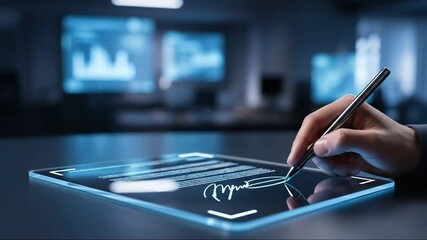 Futuristic Digital Interface Interaction with a Touchscreen Tablet and Holographic Data - Powered by Adobe