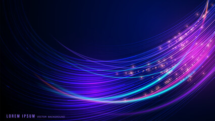 Abstract dark blue background with glowing purple and pink curved lines