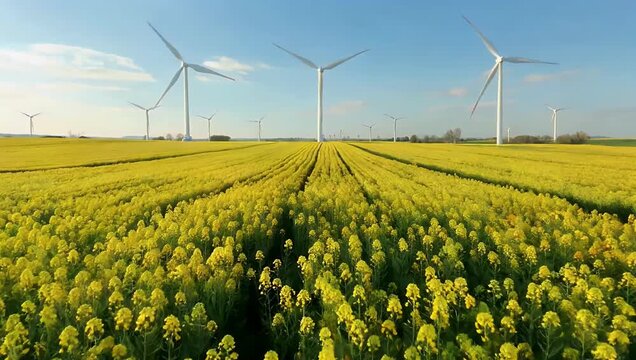 Aerial 4K drone footage of blooming canola rapeseed field with wind turbines the background low altitude flyover showcasing vibrant yellow flowers green energy expansive rural 
