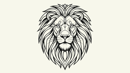 Obraz premium Majestic lion head illustration, detailed black and white artwork, front view, powerful animal portrait.