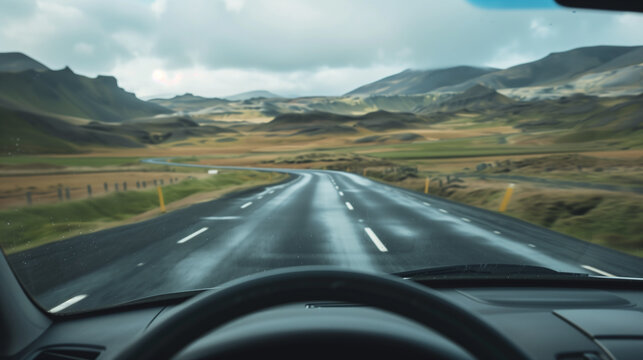 Dashboard view of scenic mountain road seen through car windshield at sunrise