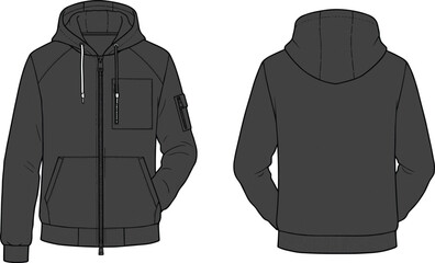 Dark Gray Technical Zip Up Hoodie Vector Illustration Front and Back View with Raglan Sleeves Utility Pockets and Modern Techwear Design © Anu's World