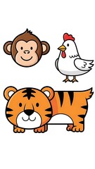 Naklejka premium Cartoon animals monkey chicken tiger.