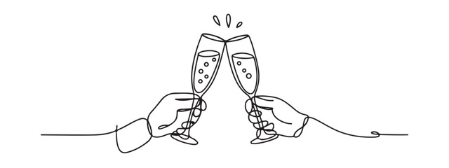Continuous line drawing of hands toasting champagne glasses celebration vector illustration © VANU