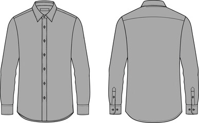 Technical flat sketch of a men's long sleeve formal dress shirt front and back view isolated on white background.
