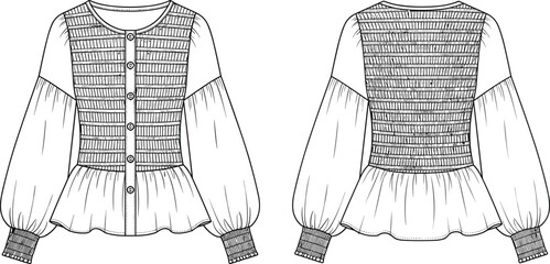 Technical flat sketch of a long sleeve button down blouse featuring smocked bodice panels front and back with peplum hem.