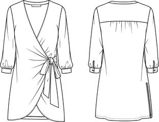 Technical flat sketch of a women's long sleeve wrap dress with side tie detail v-neckline and buttoned cuffs vector