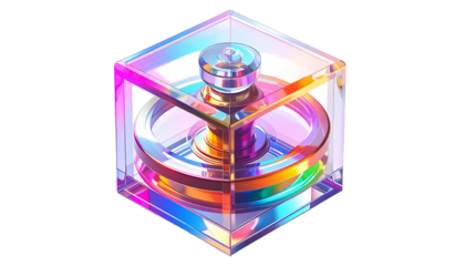 Holographic, geometric object within a translucent, crystalline cube