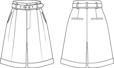 Technical Flat Sketch of High-Waisted Tailored Bermuda Shorts with Belted Waistband Pleated Front and Cuffed Hem for Fashion Design Templates