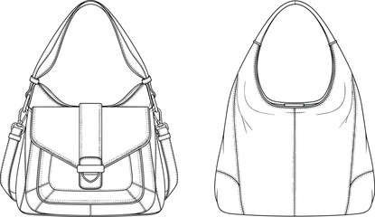 Technical line art vector illustration of a structured leather flap messenger handbag and a soft slouchy bohemian style hobo bag