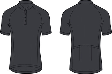 Technical Men's Cycling Jersey Vector Illustration Featuring Mandarin Collar Henley Placket Raglan Sleeves Rear Cargo Pockets and Slim Fit Design