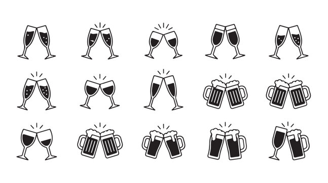 Beer mugs and champagne flute icons set for celebration toast with bold black fill graphics