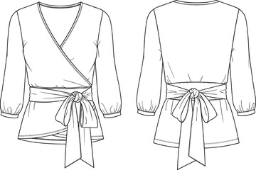 Women's Long Sleeve Wrap Top Technical Fashion Flat Sketch, V-Neck Blouse with Waist Tie Belt Detail Vector Template for Design