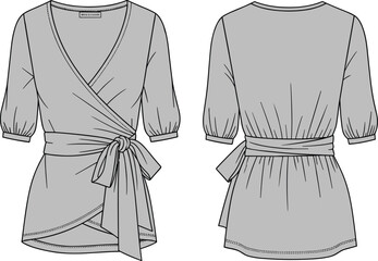 Women's Short Sleeve Wrap Top Technical Fashion Flat Sketch, V-Neck Blouse with Waist Tie Belt and Gathering Vector Design Template