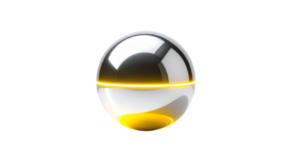 Highly reflective sphere bisected by a glowing yellow line, isolated on black
