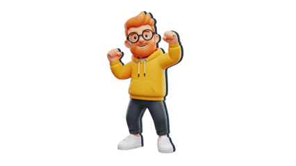 3D Cartoon Man with Red Hair and Glasses Celebrating