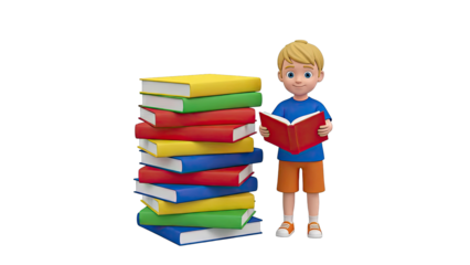 Boy Reading a Book Next to a Stack of Colorful Books