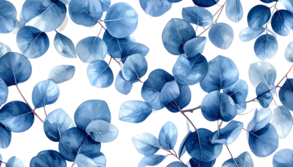 Watercolor-style illustration of blue leaves against a black background